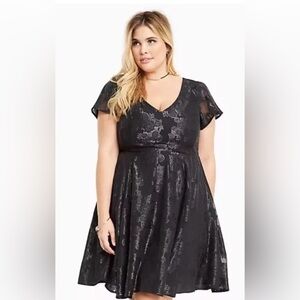 TORRID Black Lurex Floral Print Chiffon Skater Dress - Size 16
